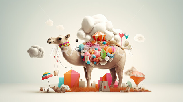 مجسم ثلاثي الابعاد لحيوان الجمل , رسومات ثري دي لحيوان الابل, تحضير القربان للذبح في الأعياد الاسلاميه ، شراء الالعاب والهدايا في ايام العيد السعيد، ناقة على خلفيه بيضاء