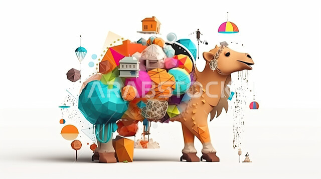 مجسم ثلاثي الابعاد لحيوان الجمل , رسومات ثري دي لحيوان الابل, تحضير القربان للذبح في الأعياد الاسلاميه ، شراء الالعاب والهدايا في ايام العيد السعيد، ناقة على خلفيه بيضاء