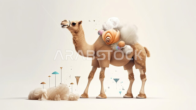 مجسم ثلاثي الابعاد لحيوان الجمل , رسومات ثري دي لحيوان الابل, تحضير القربان للذبح في الأعياد الاسلاميه ، شراء الالعاب والهدايا في ايام العيد السعيد، ناقة على خلفيه بيضاء