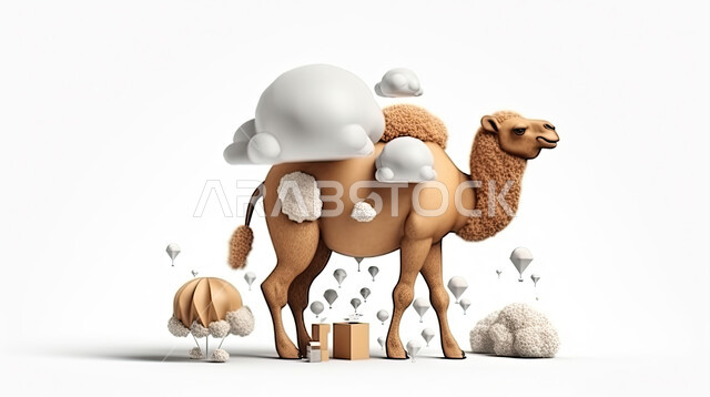 رسومات ثري دي لحيوان الابل المحمل بالامتعة, مجسم ثلاثي الابعاد لحيوان الجمل , تحضير القربان للذبح في الأعياد الاسلاميه ، ناقة على خلفيه بيضاء
