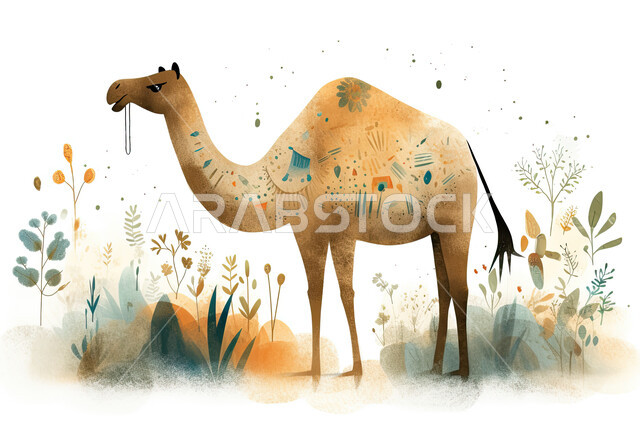 رسوم بيانية لحيوان الجمل في الطبيعة, ابل عيد الأضحى المبارك, تربية المواشي والحيوانات في المحميات الطبيعيه, خلفية بيضاء