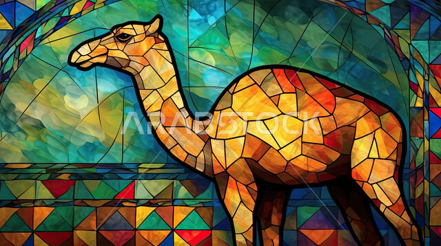 Islamic religious holidays, 3D model of a camel made of colored glass, an offering and a sacrifice for Eid al-Adha, 3D graphics of a pet camel breast, colored background