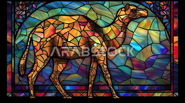 مجسم ثلاثي الابعاد لحيوان الجمل المصنوع من الزجاج الملون ، قربان و أضحية عيد الاضحى المبارك، أعياد إسلاميه دينية,  رسوم بيانيه ثري دي لحيوان الابل الثدي الاليف ، خلفية ملونة