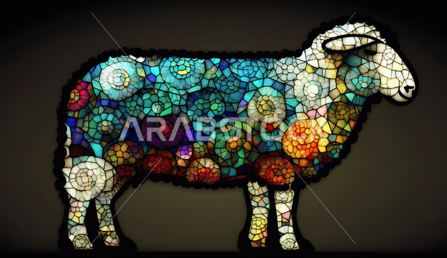 Qurban and sacrifice of Eid al-Adha, Islamic religious holidays, 3D model of a white sheep animal decorated with stained glass, 3D graphics of a pet sheep breast, white background