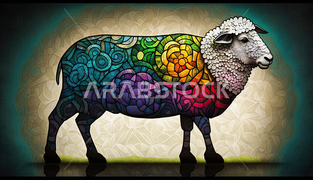 Qurban and sacrifice of Eid al-Adha, Islamic religious holidays, 3D model of a white sheep animal decorated with stained glass, 3D graphics of a pet sheep breast, white background