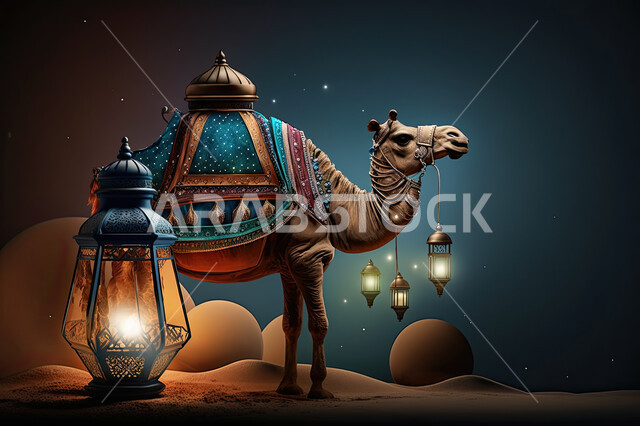 تحضير القربان للذبح والتقرب الى الله, الاحتفال بعيد الأضحى المبارك, الفوانيس المضيئة في الاعياد الاسلامية, مجسم ثلاثي الابعاد لحيوان الجمل المحمل بالامتعة , خلفية السماء