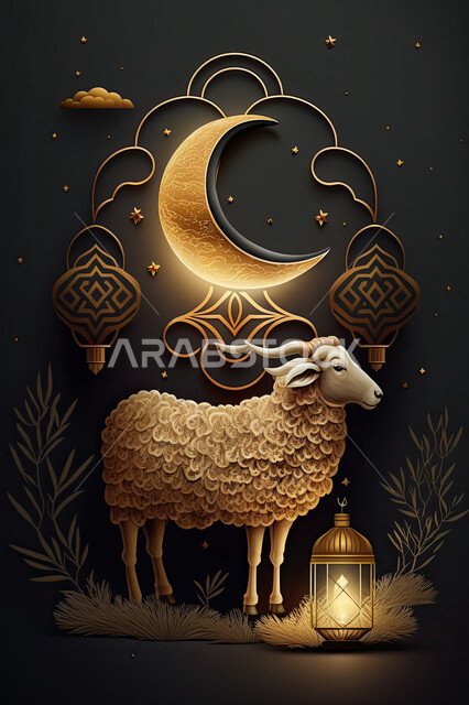 السماء و الفوانيس المضيئة, مجسم ثلاثي الابعاد لحيوان الخاروف الذهبي, الاحتفال بعيد الأضحى المبارك, تحضير القربان للذبح والتقرب الى الله, الأعياد الاسلاميه, خلفية سوداء