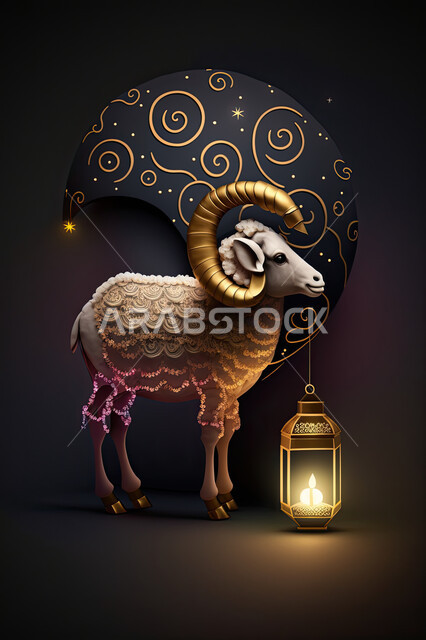 Luminous lanterns on Islamic holidays, a three-dimensional model of a golden sheep animal, celebration of Eid al-Adha, preparation of sacrifice for slaughter and closeness to God, black background