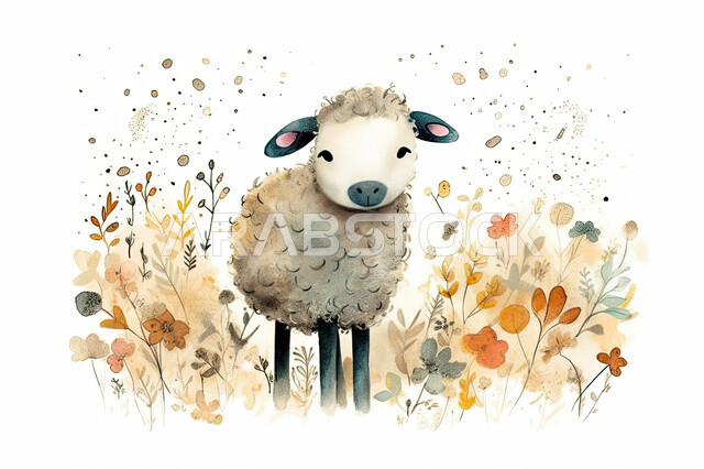 كبش أبيض أليف, رسوم بيانية لحيوان الخاروف في الطبيعة بين الزهور, ابل عيد الأضحى المبارك, تربية المواشي والحيوانات في المحميات الطبيعيه, خلفية بيضاء