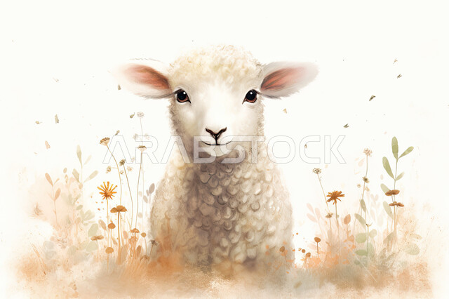 كبش أبيض أليف, رسوم بيانية لحيوان الخاروف في الطبيعة بين الزهور, ابل عيد الأضحى المبارك, تربية المواشي والحيوانات في المحميات الطبيعيه, خلفية بيضاء