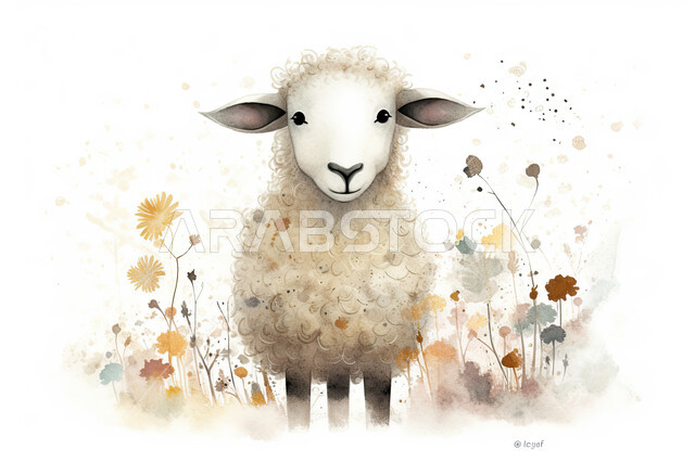 A white pet ram, graphics of a sheep animal in nature among flowers, a blessed Eid al-Adha camel, raising livestock and animals in nature reserves, white background