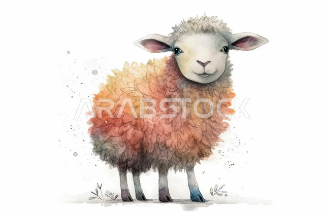 كبش ملون أليف, رسوم بيانية لحيوان الخاروف في الطبيعة بين الزهور, ابل عيد الأضحى المبارك, تربية المواشي والحيوانات في المحميات الطبيعيه, خلفية بيضاء