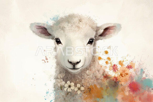 A white pet ram, graphics of a sheep animal in nature among flowers, a blessed Eid al-Adha camel, raising livestock and animals in nature reserves, white background