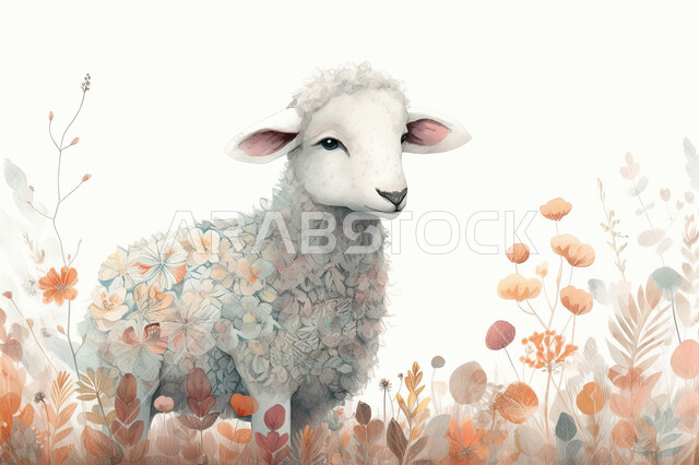 كبش أبيض أليف, رسوم بيانية لحيوان الخاروف في الطبيعة بين الزهور, ابل عيد الأضحى المبارك, تربية المواشي والحيوانات في المحميات الطبيعيه, خلفية بيضاء