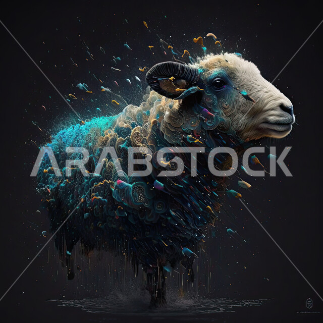 غنم عيد الأضحى المبارك, صوره مقربه لخروف ملون,  كبش أليف, تربية المواشي والحيوانات في المحميات الطبيعيه, خلفية سوداء