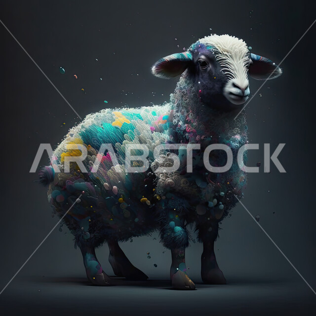 غنم عيد الأضحى المبارك, صوره مقربه لخروف ملون,  كبش أليف, تربية المواشي والحيوانات في المحميات الطبيعيه, خلفية سوداء