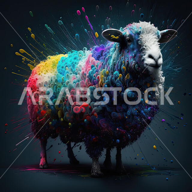 Eid al-Adha sheep, close-up of a colored sheep, a pet ram, raising livestock and animals in nature reserves, blue background