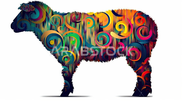 3D model of a colorful ornate sheep animal, 3D graphics of a pet sheep animal, an offering and a sacrifice for Eid Al-Adha, Islamic religious holidays, a black background