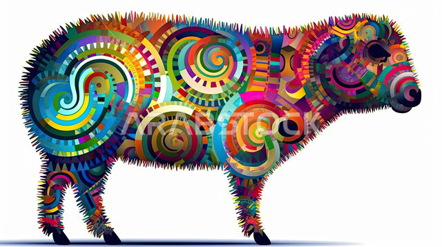 مجسم ثلاثي الابعاد لحيوان الخاروف الملون المزخرف ، رسوم بيانيه ثري دي لحيوان الغنم الثدي الاليف، قربان و أضحية عيد الاضحى المبارك، أعياد دينيه إسلاميه ، خلفية بيضاء