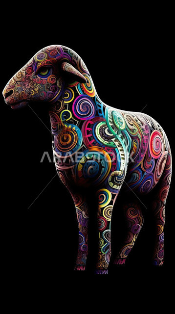 3D model of a colorful ornate sheep animal, 3D graphics of a pet sheep animal, an offering and a sacrifice for Eid Al-Adha, Islamic religious holidays, a black background