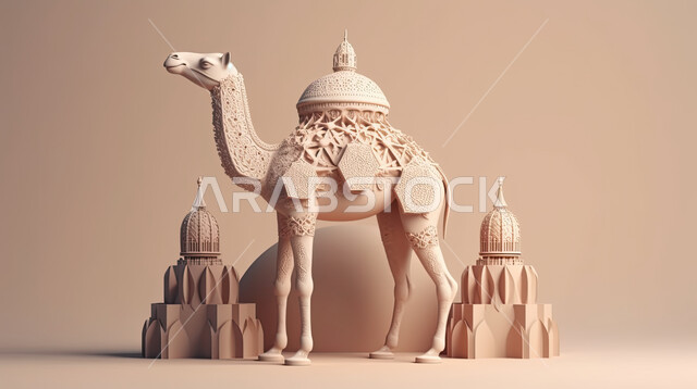 تربية المواشي والحيوانات في المحميات الطبيعيه , مجسمات ثلاثية الابعاد لحيوانن الجمل, ابل عيد الأضحى المبارك, كبش أليف, خلفية بنية
