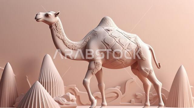 تربية المواشي والحيوانات في المحميات الطبيعيه , مجسمات ثلاثية الابعاد لحيوانن الجمل, ابل عيد الأضحى المبارك, كبش أليف, خلفية بنية