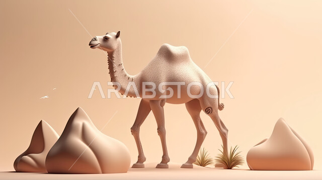 تربية المواشي والحيوانات في المحميات الطبيعيه , مجسمات ثلاثية الابعاد لحيوانن الجمل, ابل عيد الأضحى المبارك, كبش أليف, خلفية بنية