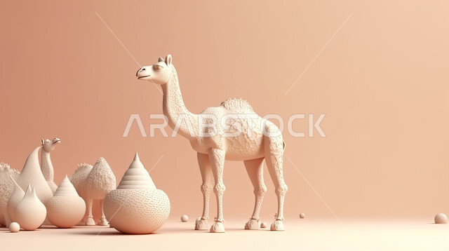 Raising livestock and animals in natural reserves, three-dimensional figures of two camels, camels, Eid al-Adha, a pet ram, brown background