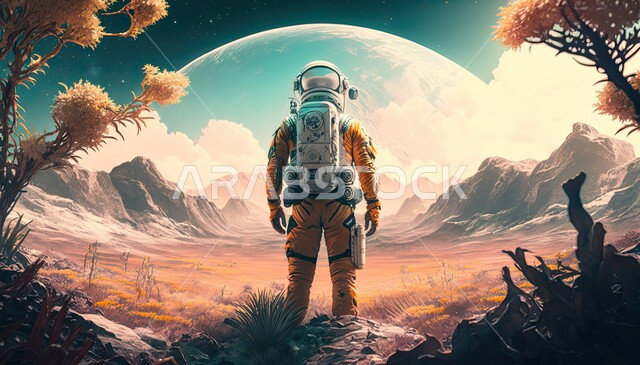 تلال ومرتفعات صخرية، رائد فضاء على سطح كوكب المريخ، علم الفضاء والفلك الخارجي، تكنولوجيا المستقبل والتطور الرقمي، الذكاء الإصطناعي وتطور التقنية والتكنولوجيا