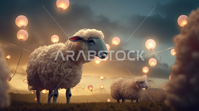 خلفية الفوانيس المضيئة، حيوان الخاروف في اجواء عيد الاضحى المبارك , الثدييات الأليفة, تربية المواشي والحيوانات في المحميات الطبيعيه