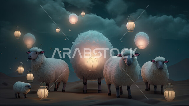 خلفية الفوانيس المضيئة، حيوان الخاروف في اجواء عيد الاضحى المبارك , الثدييات الأليفة, تربية المواشي والحيوانات في المحميات الطبيعيه