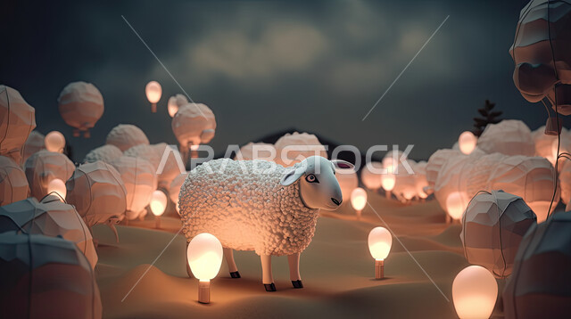 The background of illuminated lanterns, the atmosphere of Eid al-Adha, a pet ram, raising livestock and animals in nature reserves
