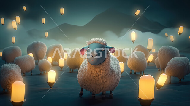 خلفية الفوانيس المضيئة، حيوان الخاروف في اجواء عيد الاضحى المبارك , الثدييات الأليفة, تربية المواشي والحيوانات في المحميات الطبيعيه