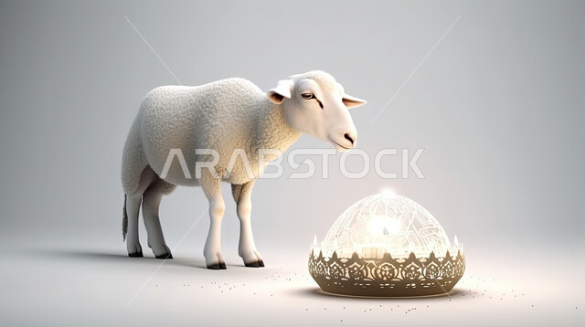 حيوان الخاروف الابيض يقف امام فانوس مضيئ, تربية المواشي والحيوانات في المحميات الطبيعيه, غنم عيد الأضحى المبارك, كبش أليف, خلفية بيضاء