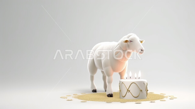 حيوان الخاروف الابيض يقف امام قالب من الحلوى, تربية المواشي والحيوانات في المحميات الطبيعيه, غنم عيد الأضحى المبارك, كبش أليف, خلفية بيضاء