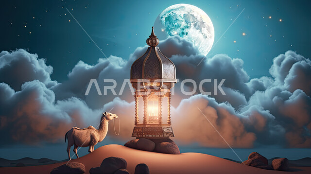 رسومات بيانية ثري دي الابل الثدي,  تربية المواشي والحيوانات في المحميات الطبيعيه,  مجسمات ثلاثية الابعاد لحيوان الجمل الاليف في اجواء عيد الاضحى المبارك, خلفية ناقة في الصحراء مع الفوانيس المضيئة