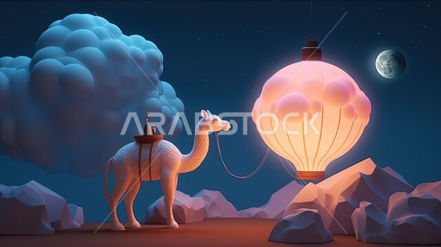 رسومات بيانية ثري دي الابل الثدي,  تربية المواشي والحيوانات في المحميات الطبيعيه,  مجسمات ثلاثية الابعاد لحيوان الجمل الاليف في اجواء عيد الاضحى المبارك, خلفية ناقة في الصحراء مع الفوانيس المضيئة