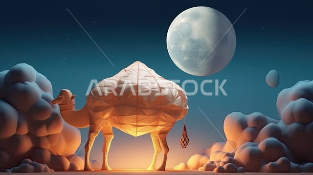 رسومات بيانية ثري دي الابل الثدي,  تربية المواشي والحيوانات في المحميات الطبيعيه,  مجسمات ثلاثية الابعاد لحيوان الجمل الاليف في اجواء عيد الاضحى المبارك, خلفية ناقة في الصحراء مع الفوانيس المضيئة