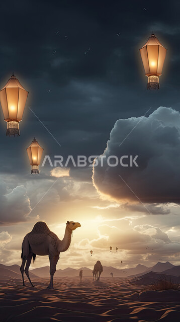 مجسمات ثلاثية الابعاد لحيوان الجمل الاليف في اجواء عيد الاضحى المبارك, تربية المواشي والحيوانات في المحميات الطبيعيه, رسومات بيانية ثري دي الابل الثدي, خلفية ناقة في الصحراء مع الفوانيس المضيئة