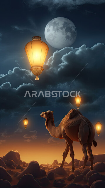 مجسمات ثلاثية الابعاد لحيوان الجمل الاليف في اجواء عيد الاضحى المبارك, تربية المواشي والحيوانات في المحميات الطبيعيه, رسومات بيانية ثري دي الابل الثدي, خلفية ناقة في الصحراء مع الفوانيس المضيئة