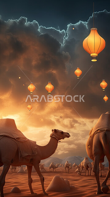 مجسمات ثلاثية الابعاد لحيوان الجمل الاليف في اجواء عيد الاضحى المبارك, تربية المواشي والحيوانات في المحميات الطبيعيه, رسومات بيانية ثري دي الابل الثدي, خلفية ناقة في الصحراء مع الفوانيس المضيئة