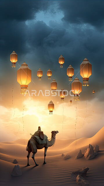 مجسمات ثلاثية الابعاد لحيوان الجمل الاليف في اجواء عيد الاضحى المبارك, تربية المواشي والحيوانات في المحميات الطبيعيه, رسومات بيانية ثري دي الابل الثدي, خلفية ناقة في الصحراء مع الفوانيس المضيئة