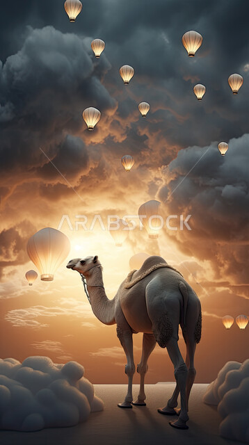 مجسمات ثلاثية الابعاد لحيوان الجمل الاليف في اجواء عيد الاضحى المبارك, تربية المواشي والحيوانات في المحميات الطبيعيه, رسومات بيانية ثري دي الابل الثدي, خلفية ناقة في الصحراء مع الفوانيس المضيئة