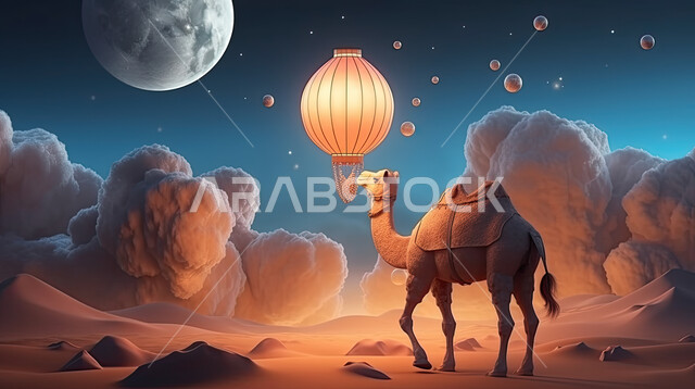 مجسمات ثلاثية الابعاد لحيوان الجمل الاليف في اجواء عيد الاضحى المبارك, تربية المواشي والحيوانات في المحميات الطبيعيه, رسومات بيانية ثري دي الابل الثدي, خلفية ناقة في الصحراء مع الفوانيس المضيئة