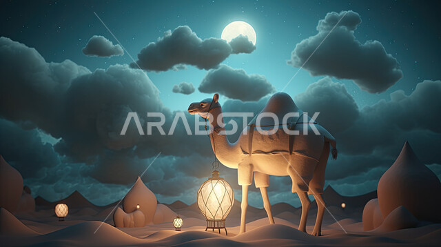 مجسمات ثلاثية الابعاد لحيوان الجمل الاليف في اجواء عيد الاضحى المبارك, تربية المواشي والحيوانات في المحميات الطبيعيه, رسومات بيانية ثري دي الابل الثدي, خلفية ناقة في الصحراء مع الفوانيس المضيئة