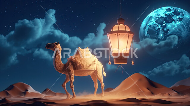 مجسمات ثلاثية الابعاد لحيوان الجمل الاليف في اجواء عيد الاضحى المبارك, تربية المواشي والحيوانات في المحميات الطبيعيه, رسومات بيانية ثري دي الابل الثدي, خلفية ناقة في الصحراء مع الفوانيس المضيئة