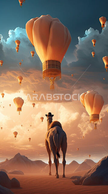 3D models of the pet camel in the atmosphere of Eid Al-Adha, raising livestock and animals in nature reserves, 3D graphics of camel tits, background of a camel in the desert with luminous lanterns