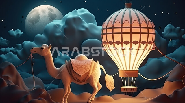 3D models of the pet camel in the atmosphere of Eid Al-Adha, raising livestock and animals in nature reserves, 3D graphics of camel tits, background of a camel in the desert with luminous lanterns