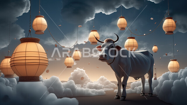 مجسمات ثلاثية الابعاد لبقرة في اجواء عيد الاضحى المبارك , خلفية الفوانيس المضيئه, تربية المواشي والحيوانات في المحميات الطبيعيه, رسومات بيانية ثري دي لحيوانات الثدي