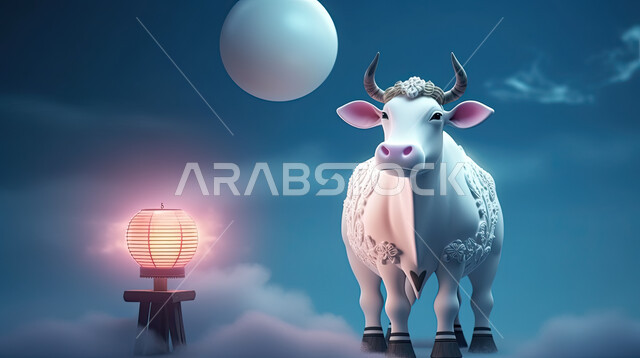 مجسمات ثلاثية الابعاد لبقرة في اجواء عيد الاضحى المبارك , خلفية الفوانيس المضيئه, تربية المواشي والحيوانات في المحميات الطبيعيه, رسومات بيانية ثري دي لحيوانات الثدي